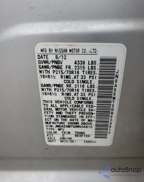 2013 Nissan Rogue S z USA, uszkodzony, nr VIN JN8AS5MT5DW504910